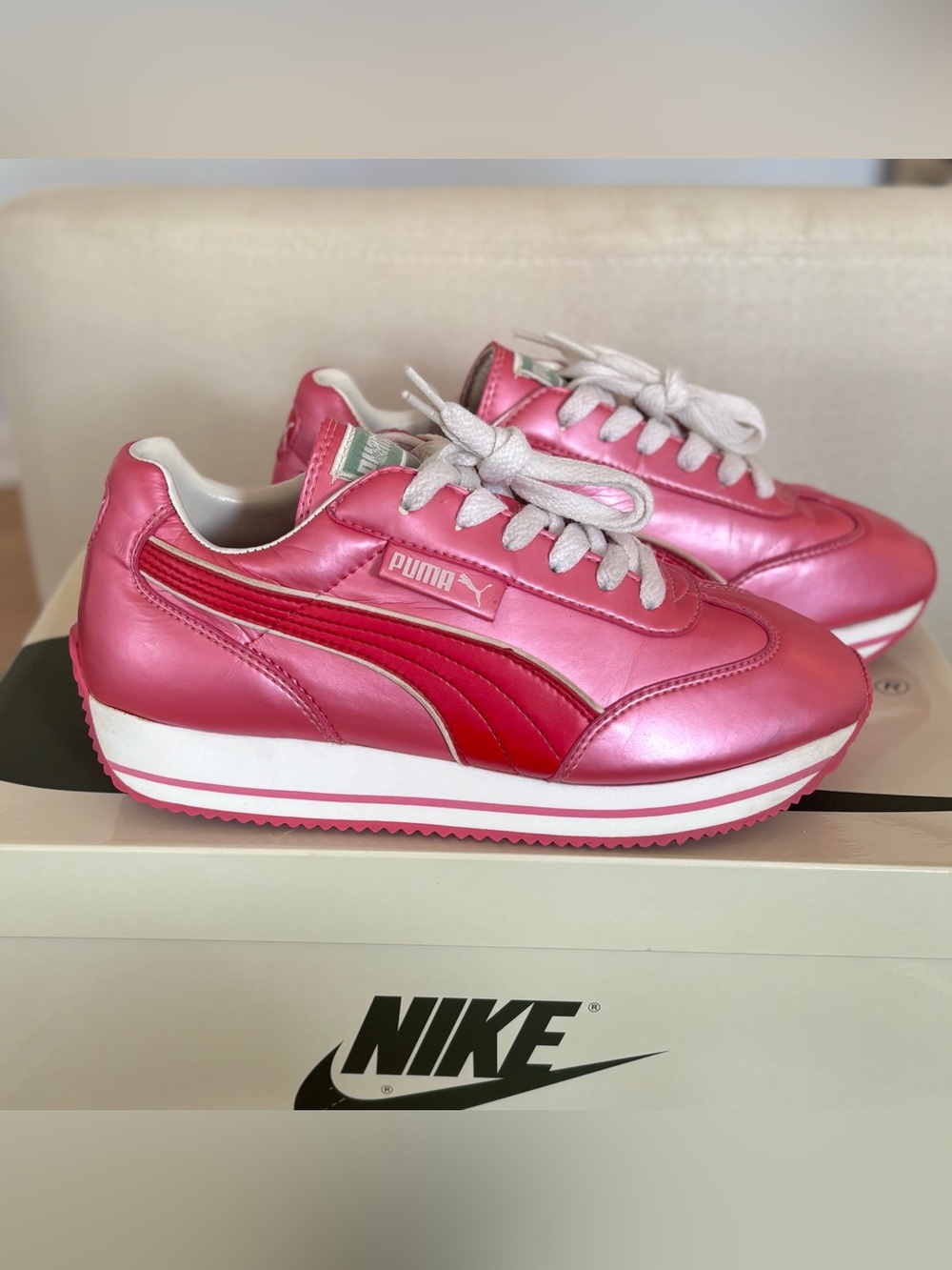 Vintage Puma Platform Wedge Sneakers Metallic Pink Chunky Y2K Womens 7 2000s